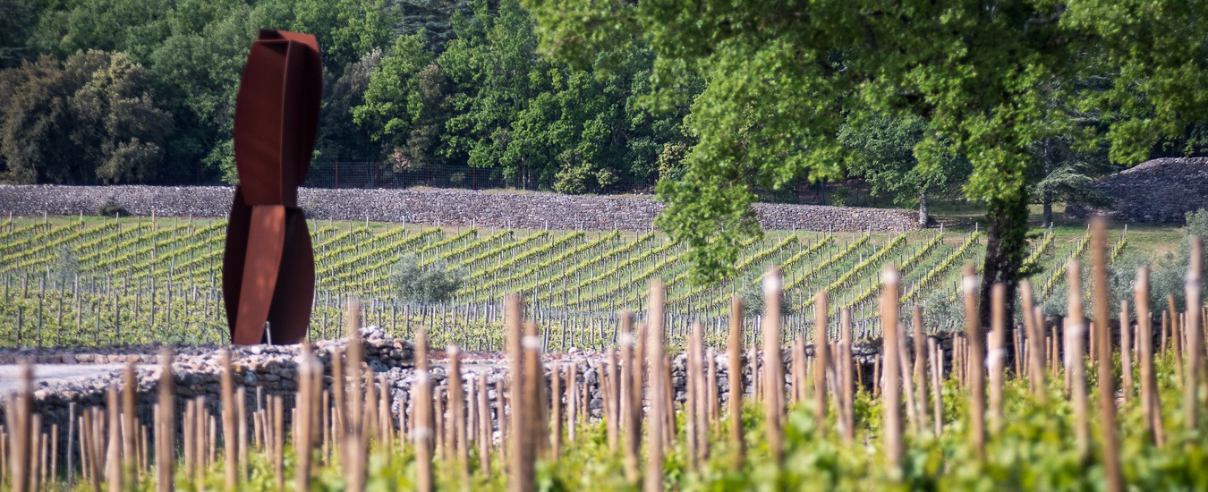 Vignes de Peyrassol au printemps, devant la sculpture de Clément